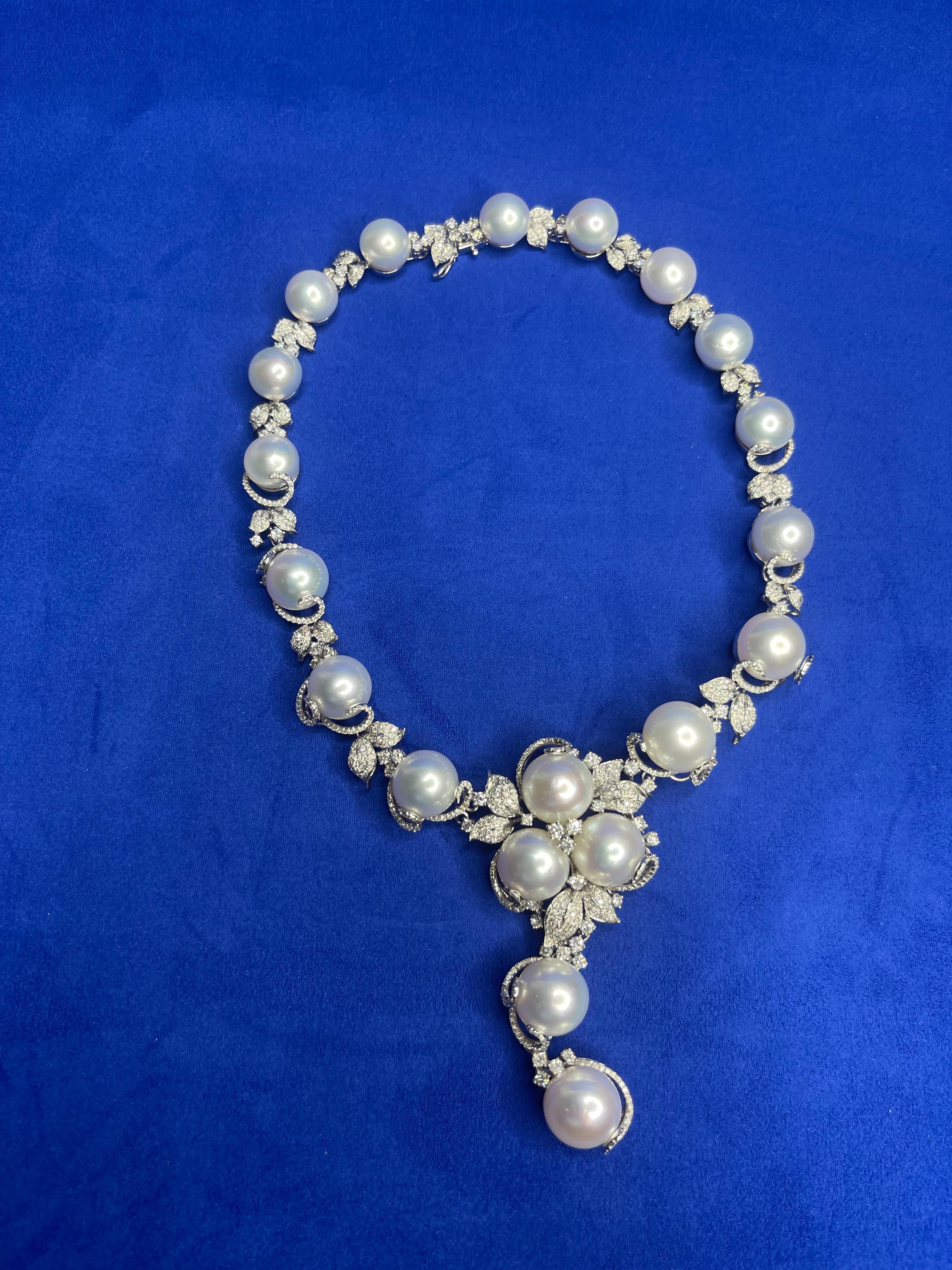 Statement-Halskette, Chunky, weiße Südseeperle Diamant 18 Karat Weißgold im Angebot 5
