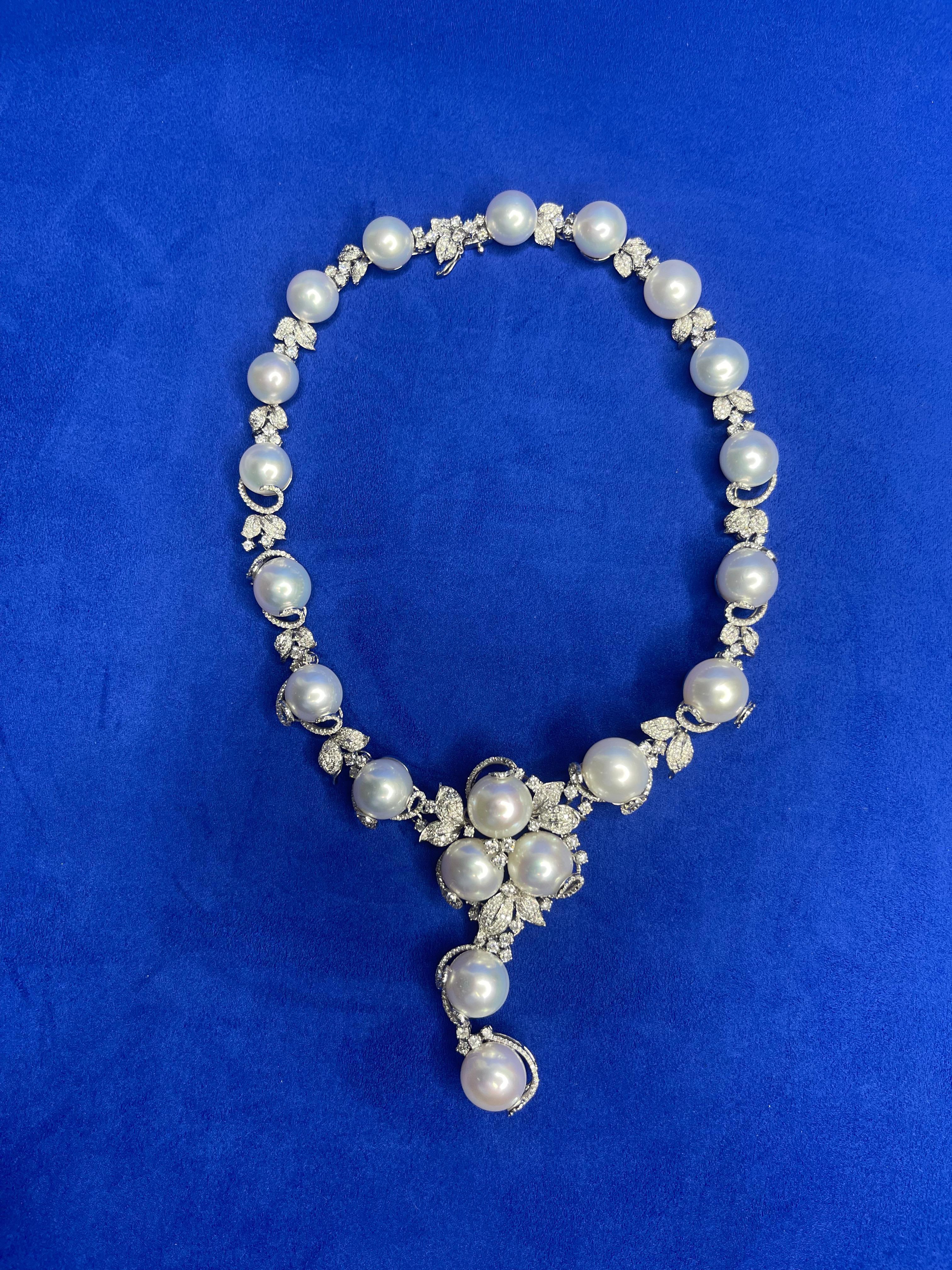 Statement-Halskette, Chunky, weiße Südseeperle Diamant 18 Karat Weißgold im Angebot 6