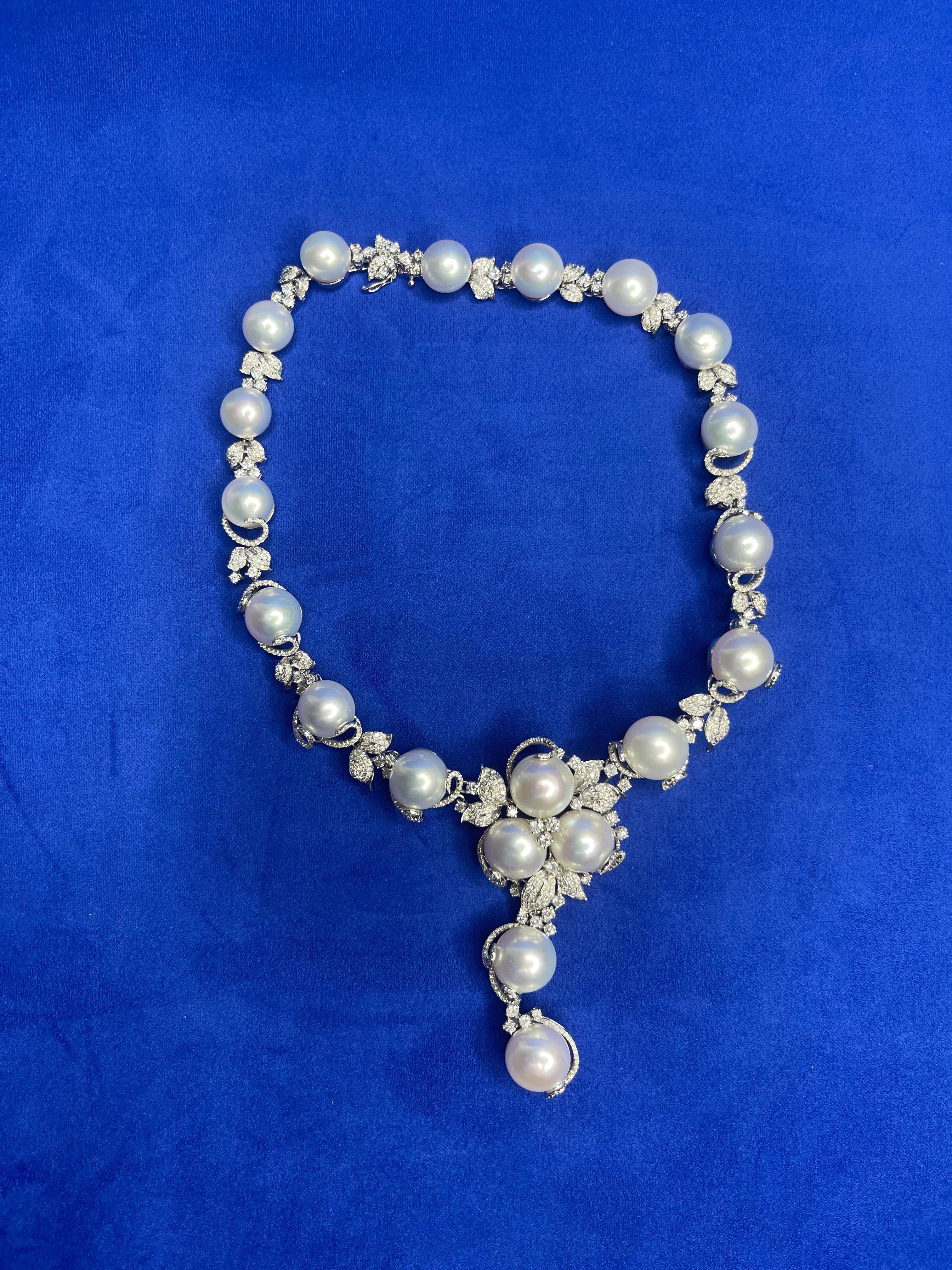 Statement-Halskette, Chunky, weiße Südseeperle Diamant 18 Karat Weißgold im Angebot 3