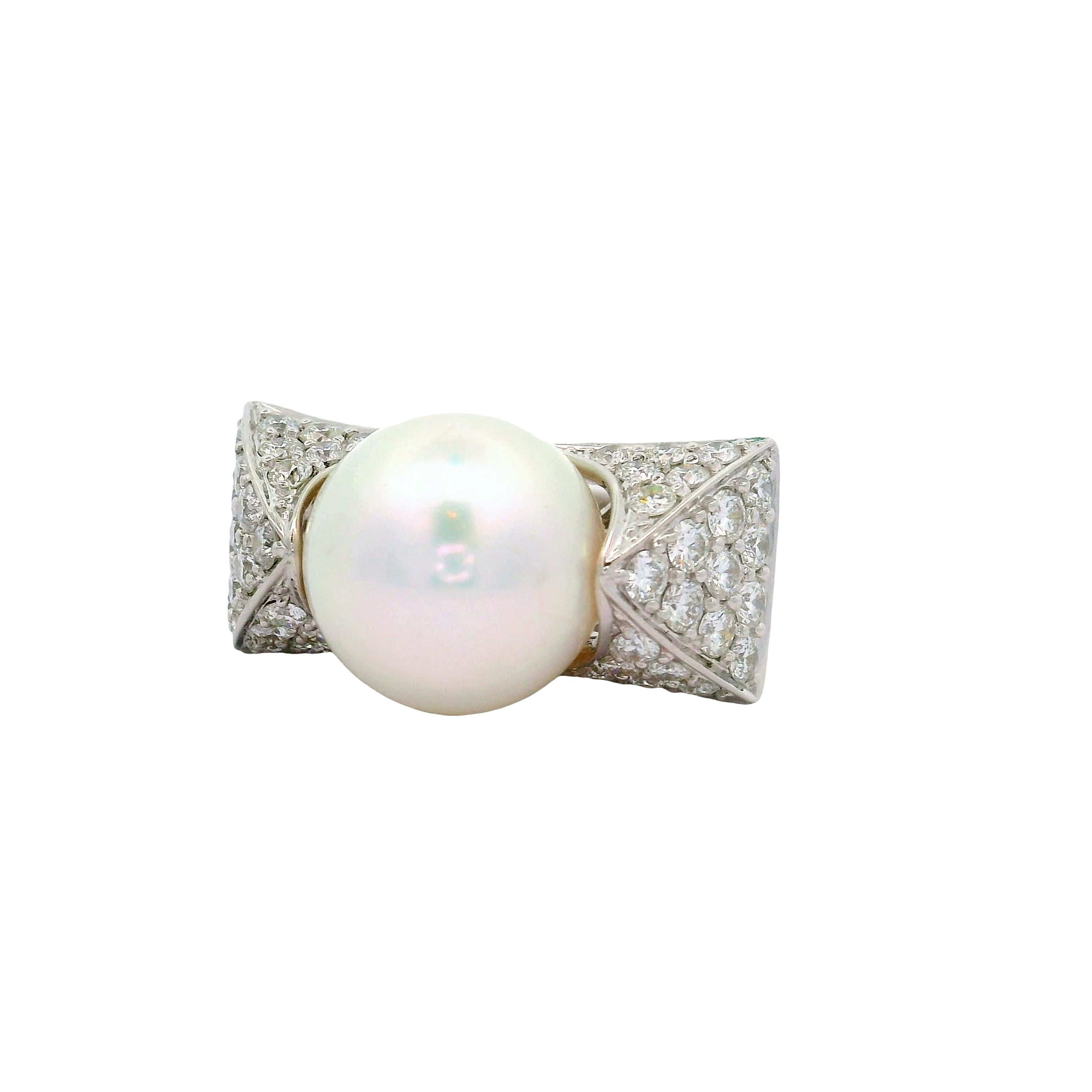 Contemporary White South Sea Pearl Diamond 18k White Gold Cocktail Ring For Sale