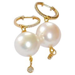 White South Sea Pearl, Diamond Bezel Charm in 14K Solid Yellow Gold