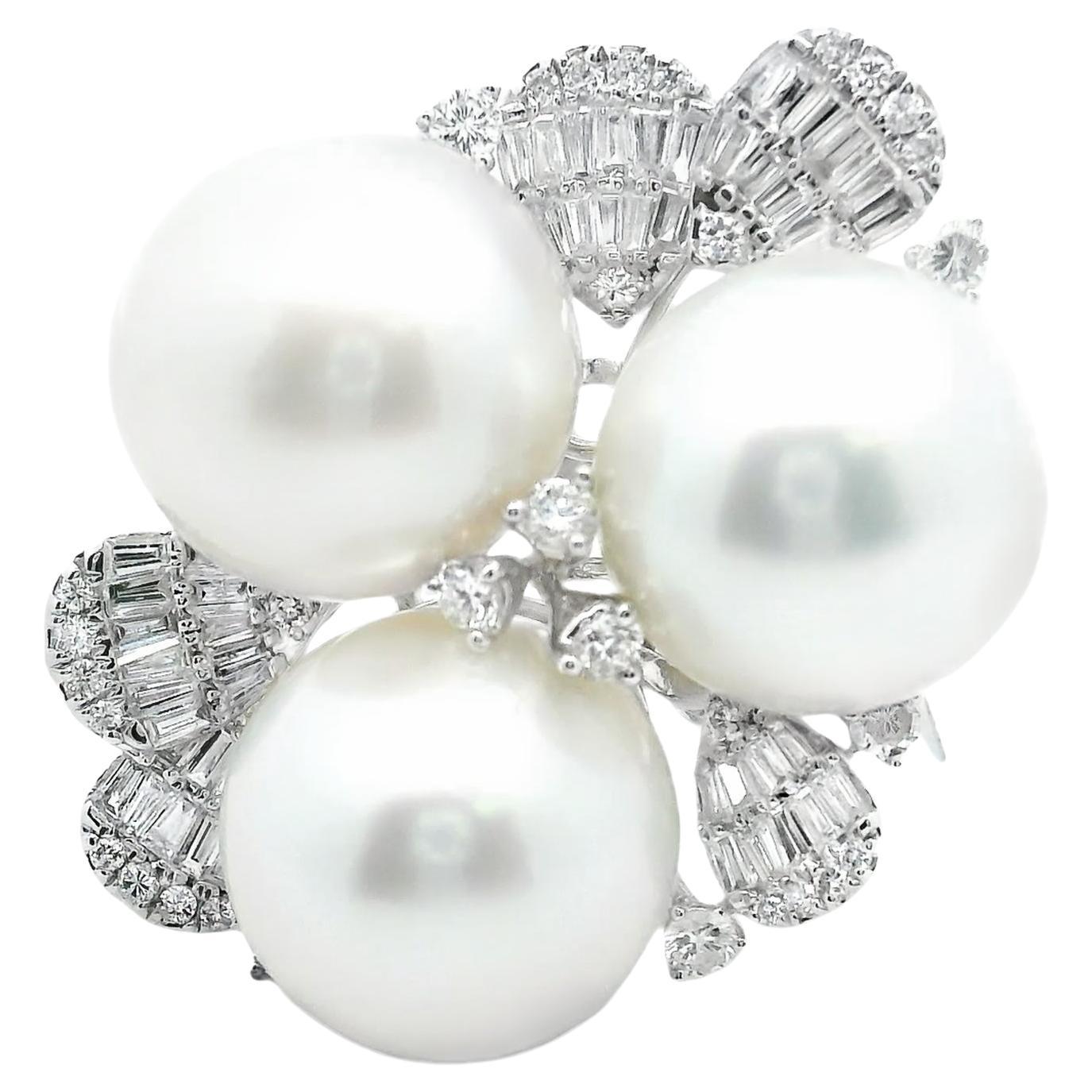 White South Sea Pearl Diamond Cluster Statement Ring 18k White Gold