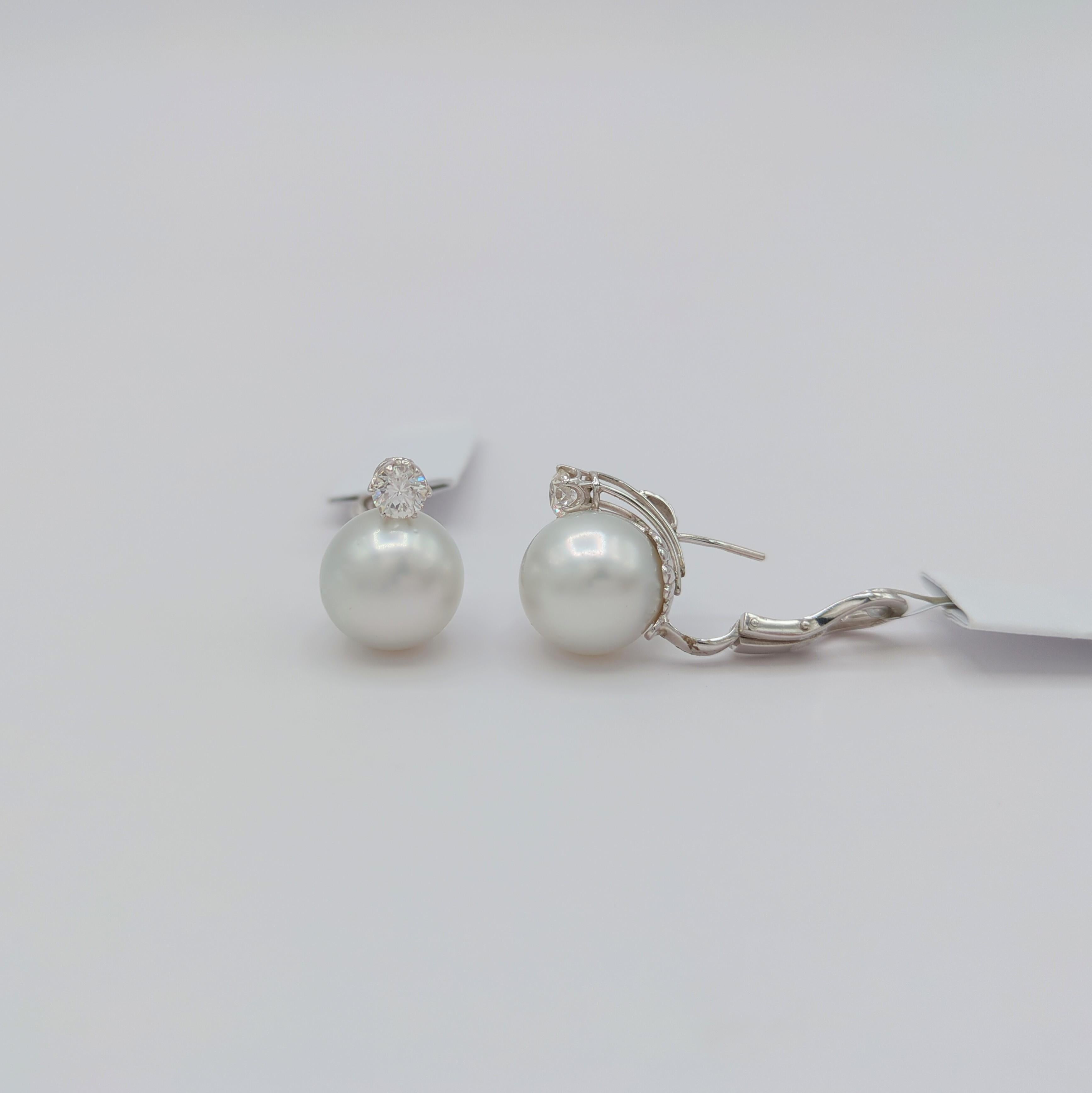 Women's or Men's White South Sea Pearl Diamond Earrings in 18K White Gold For Sale