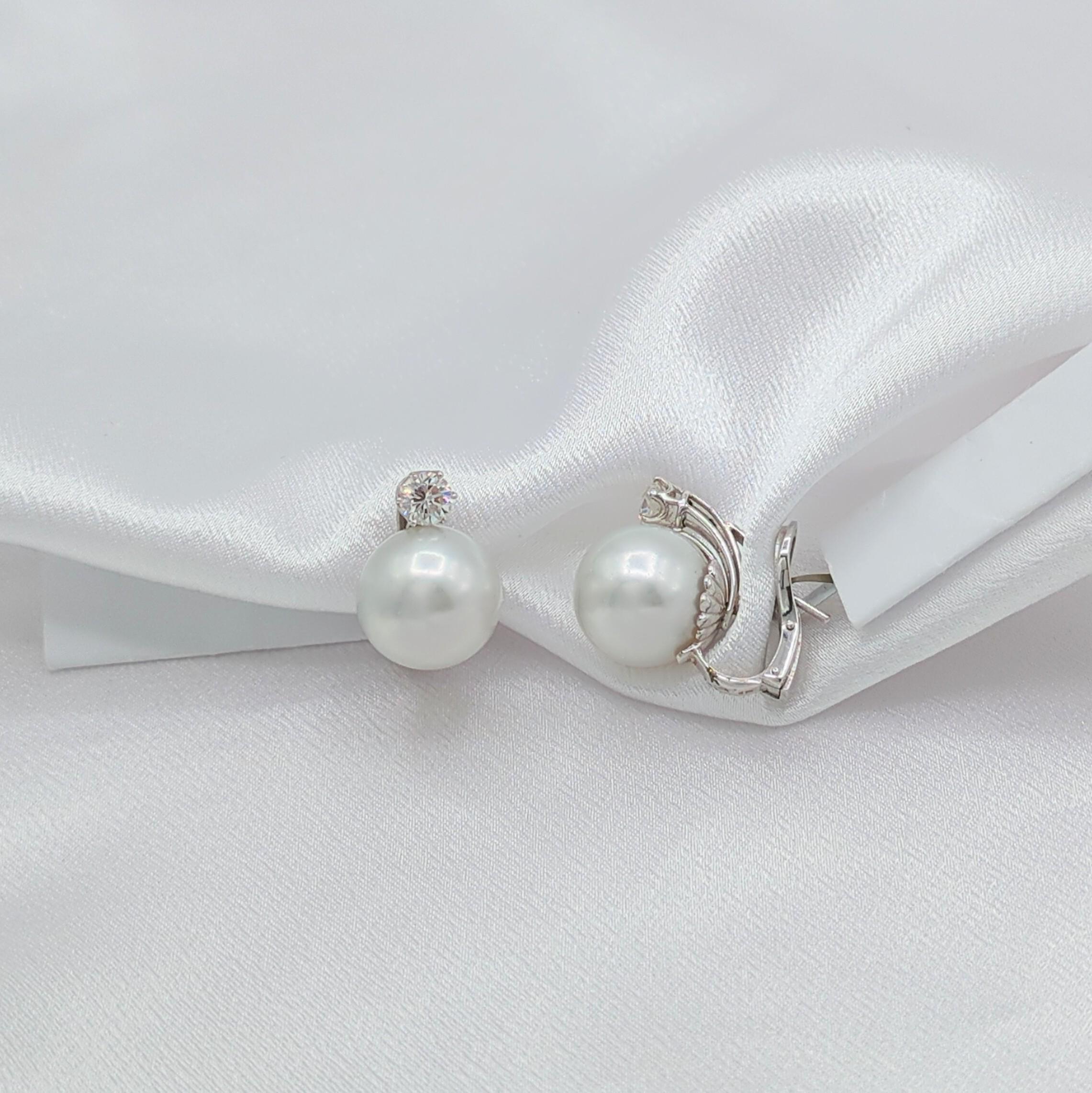 White South Sea Pearl Diamond Earrings in 18K White Gold For Sale 3