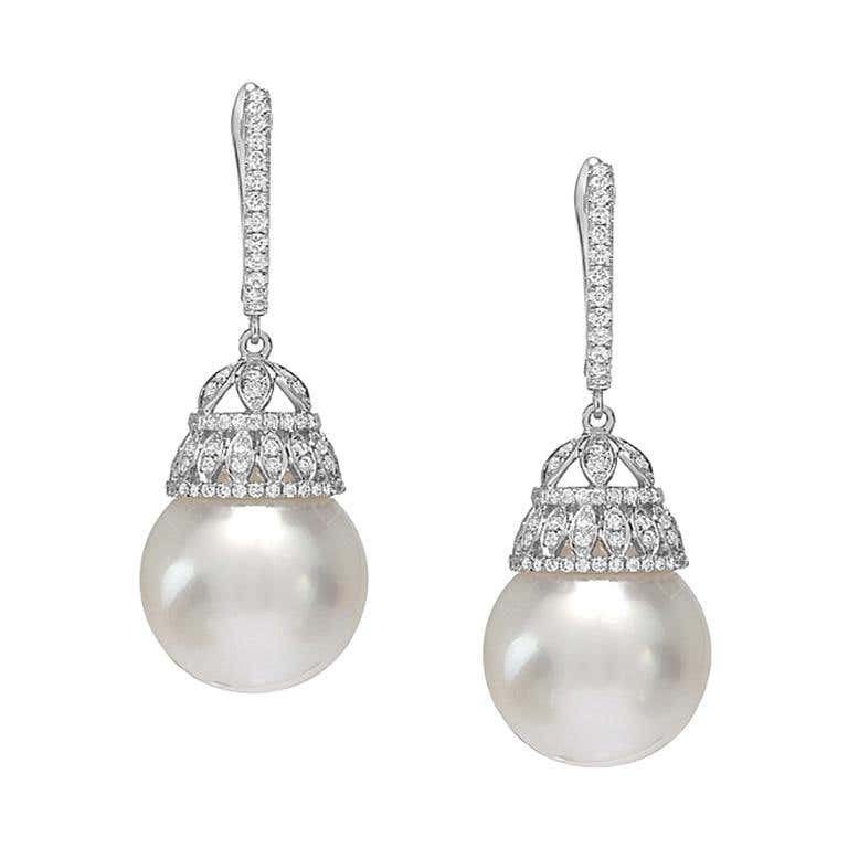 South Sea Pearl Diamond Drop Earrings 1 Carat 18 Karat White Gold For ...
