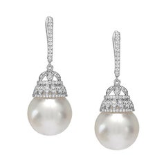 White South Sea Pearl Diamond Gold Drop Earrings