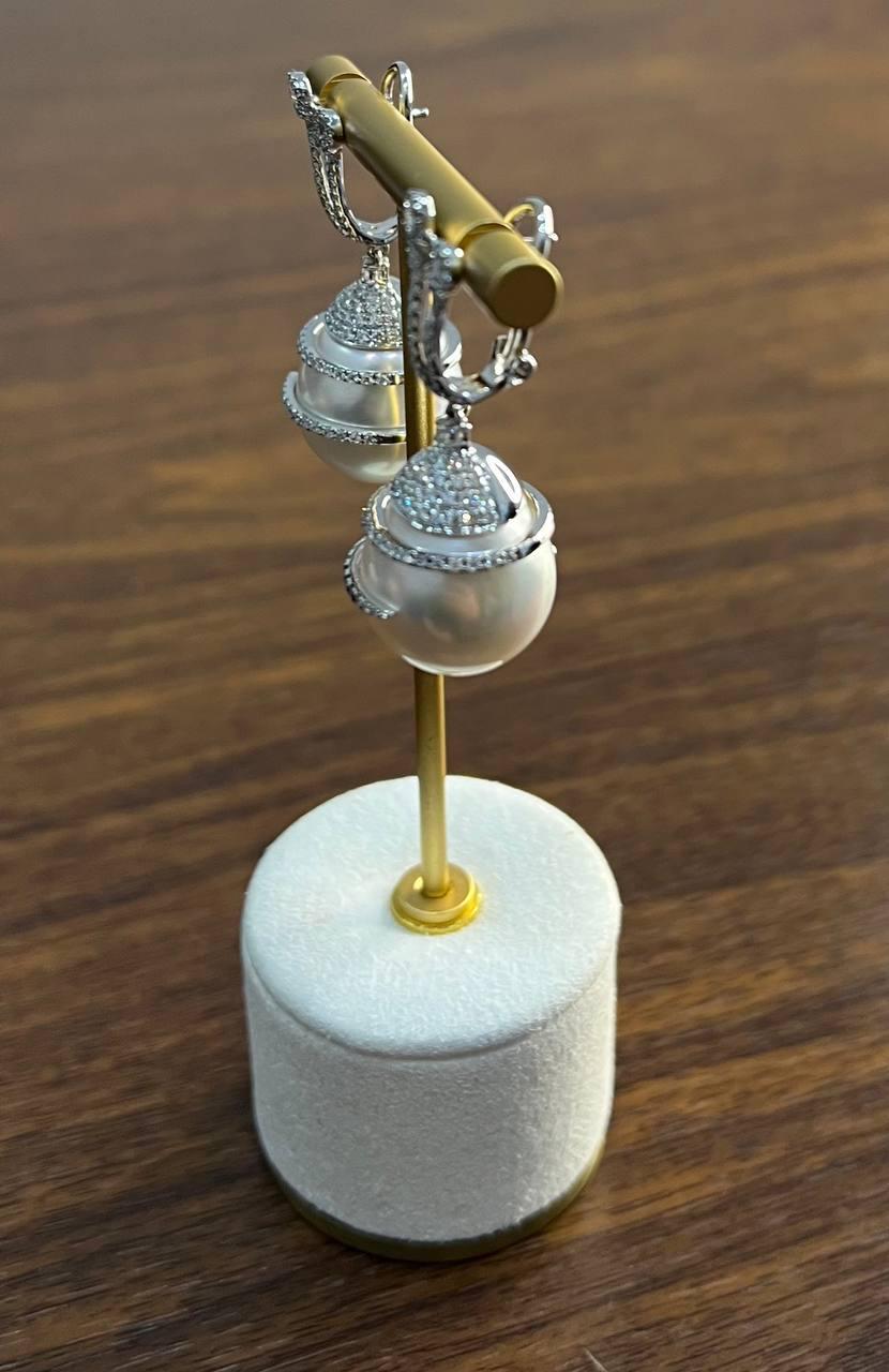 White South Sea Pearl Diamond Pave Drop 18 Karat White Gold Statement Earrings For Sale 4