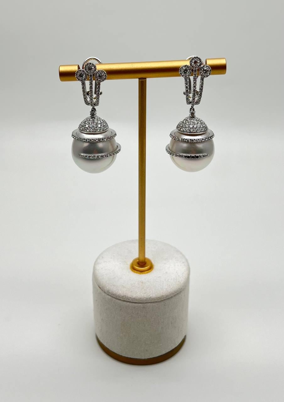 Modern White South Sea Pearl Diamond Pave Drop 18 Karat White Gold Statement Earrings For Sale