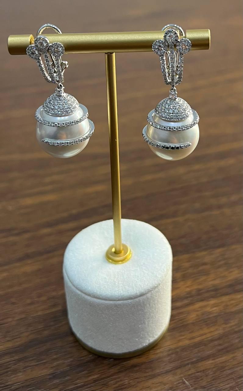 White South Sea Pearl Diamond Pave Drop 18 Karat White Gold Statement Earrings For Sale 1