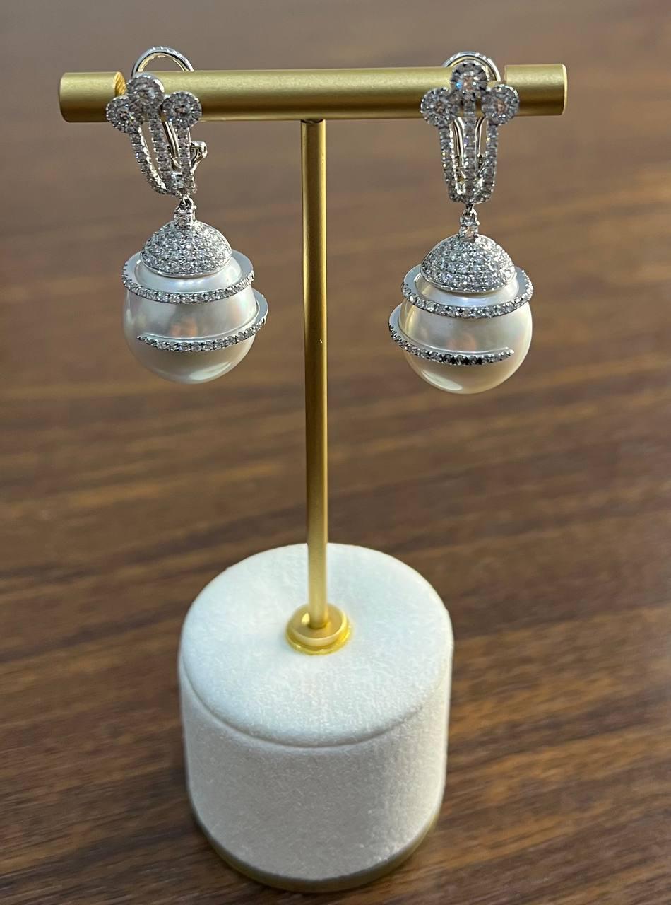 White South Sea Pearl Diamond Pave Drop 18 Karat White Gold Statement Earrings For Sale 2