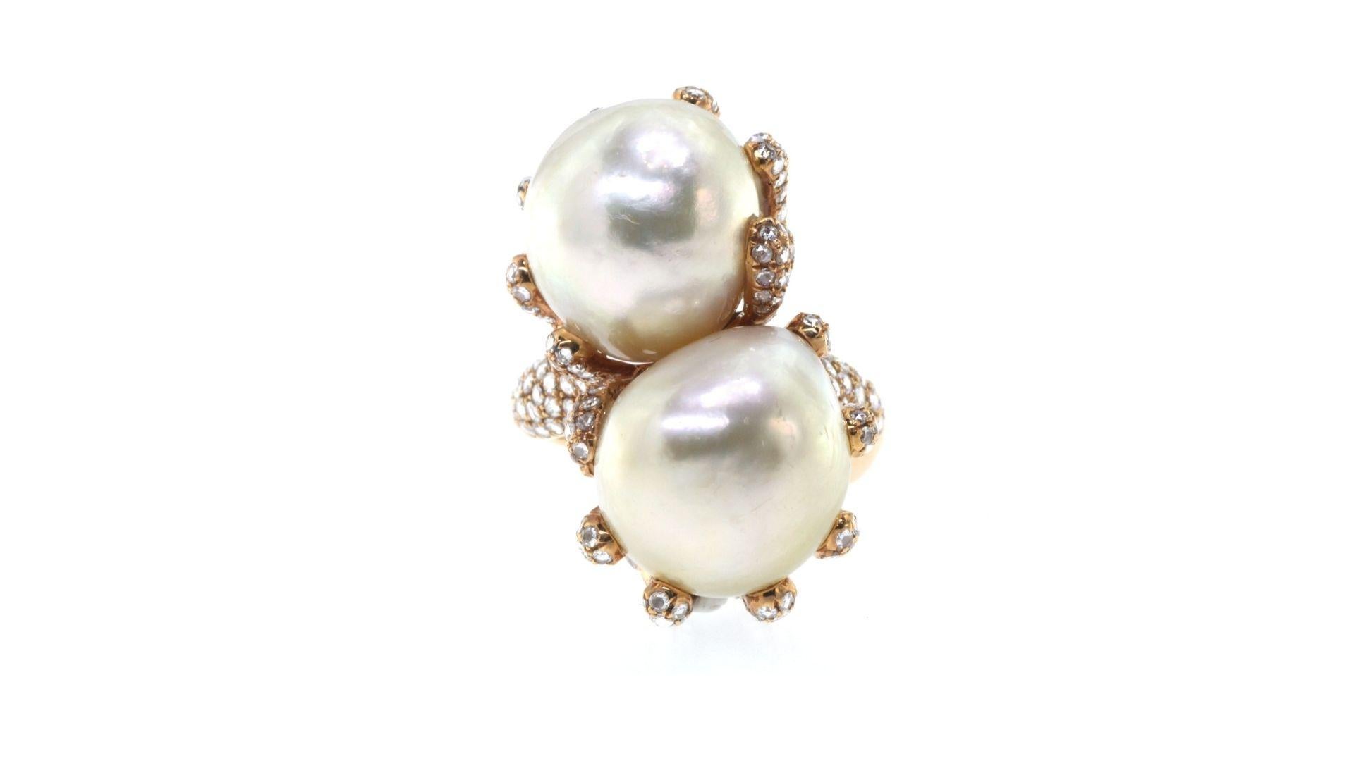 Rose Cut White South Sea Pearl Diamond R 18k Rose Gold Cocktail Baroque Ring For Sale