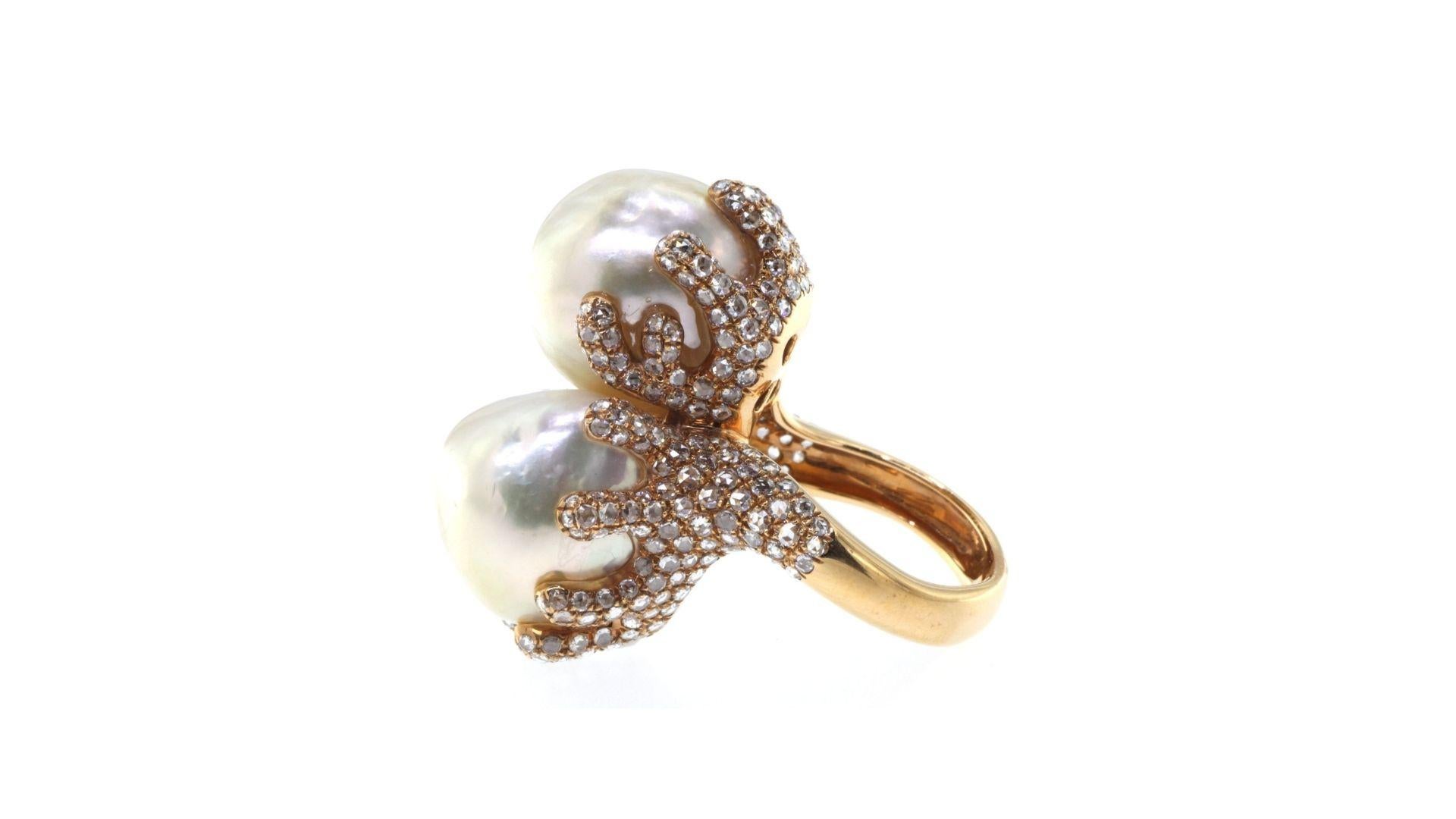 Women's White South Sea Pearl Diamond R 18k Rose Gold Cocktail Baroque Ring For Sale