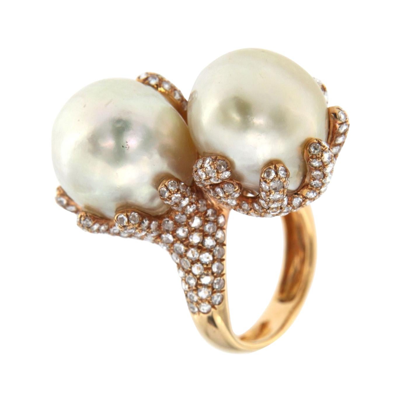 White South Sea Pearl Diamond R 18k Rose Gold Cocktail Baroque Ring