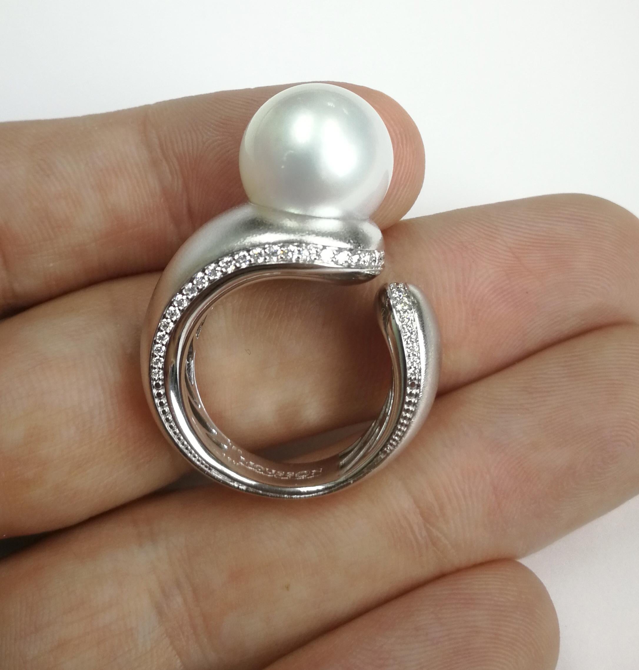 Contemporary White South Sea Pearl Diamonds Cocktail Ring For Sale