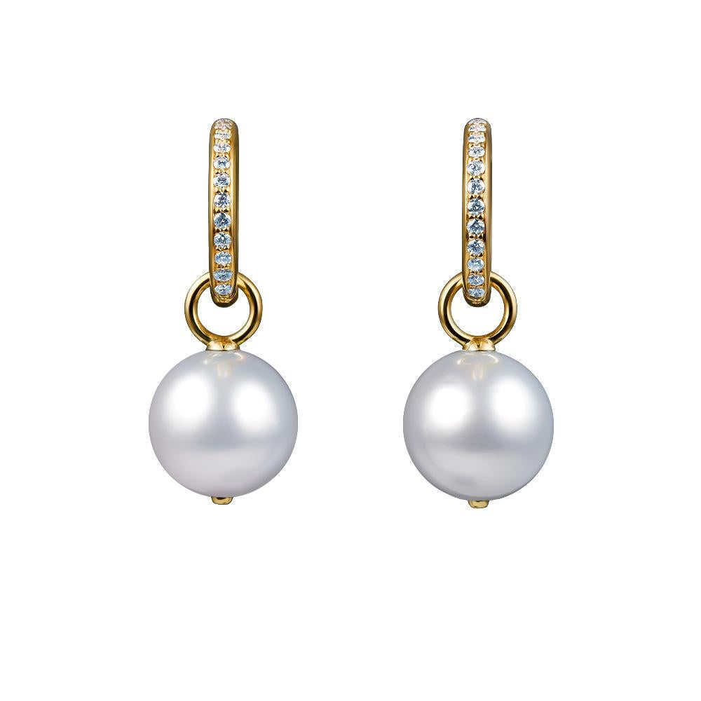 Round Cut White South Sea Pearl Diamonds Dangle Earrings For Sale