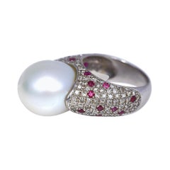 White South Sea Pearl Diamonds Rubies Ring 18k White Gold, 1980