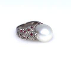 White South Sea Pearl Diamonds Rubies Ring 18k White Gold, 1980