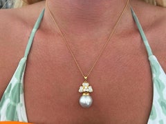 White South Sea Pearl Drop and Diamond Necklace 18k Yellow Gold