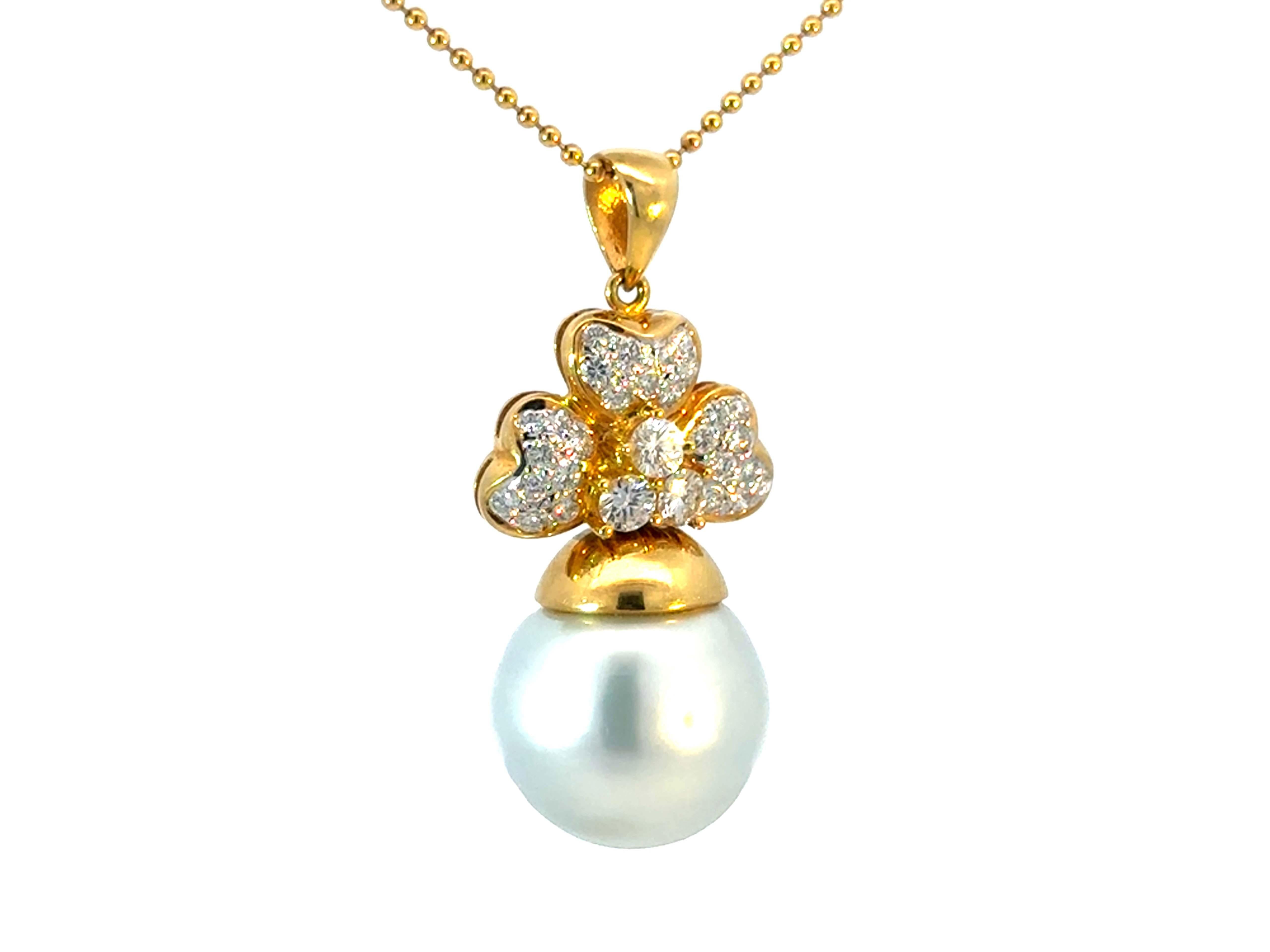 Modern White South Sea Pearl Drop and Diamond Necklace 18k Yellow Gold For Sale