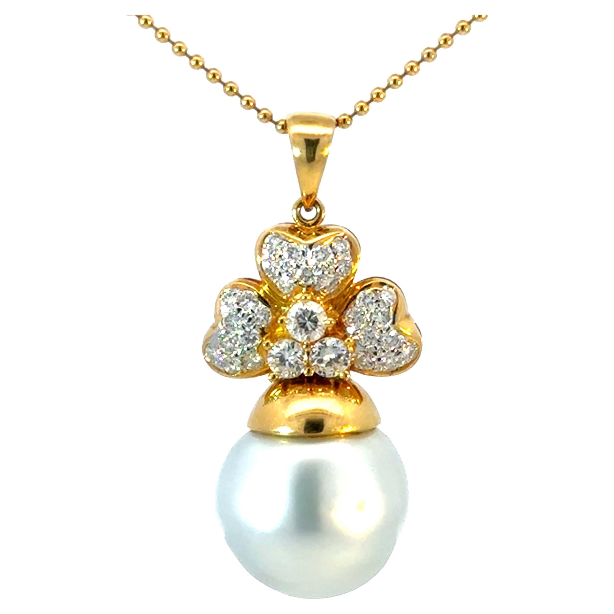 White South Sea Pearl Drop and Diamond Necklace 18k Yellow Gold