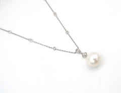 White South Sea Pearl Drop and Mixed Cut Diamond 18 Karat Gold Chain Necklace
