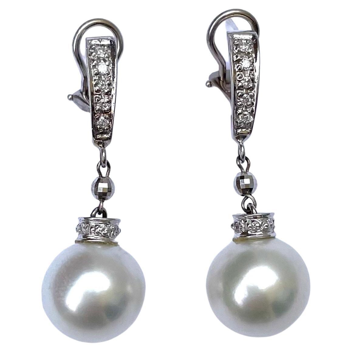 Artisan White South Sea Pearl Earrings with Diamonds For Sale