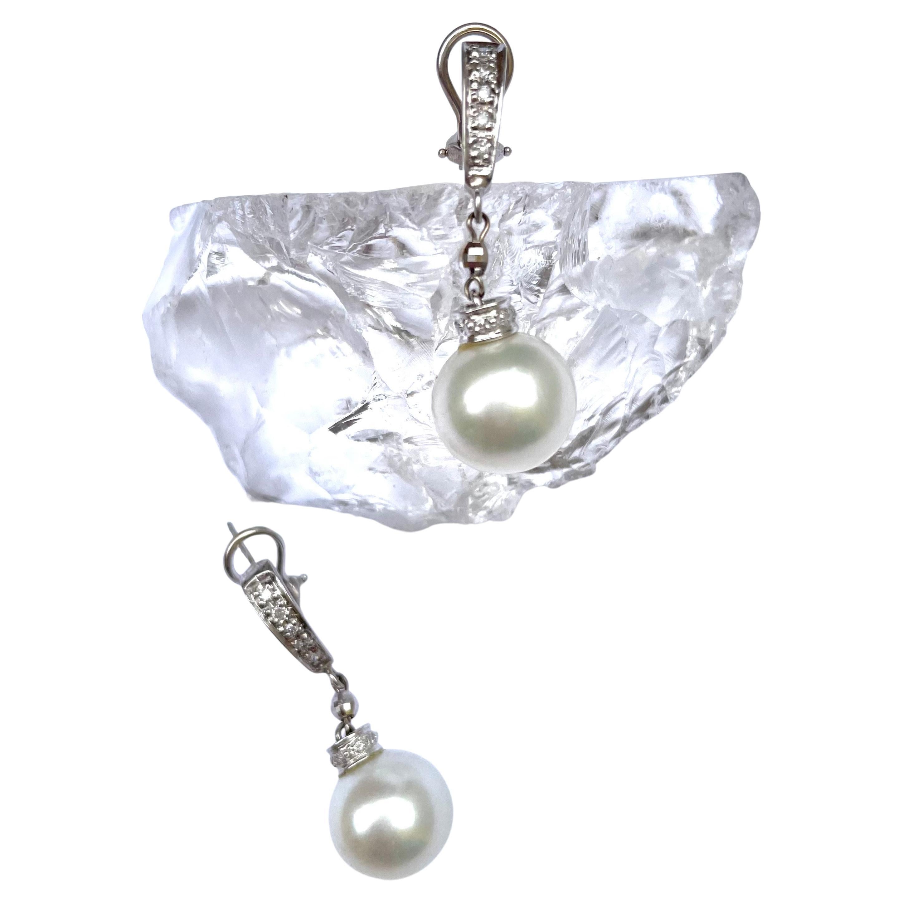Round Cut White South Sea Pearl Earrings with Diamonds For Sale