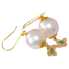 White South Sea Pearl, Emerald, Diamonds Earrings in 14/18 Solid Yellow Gold