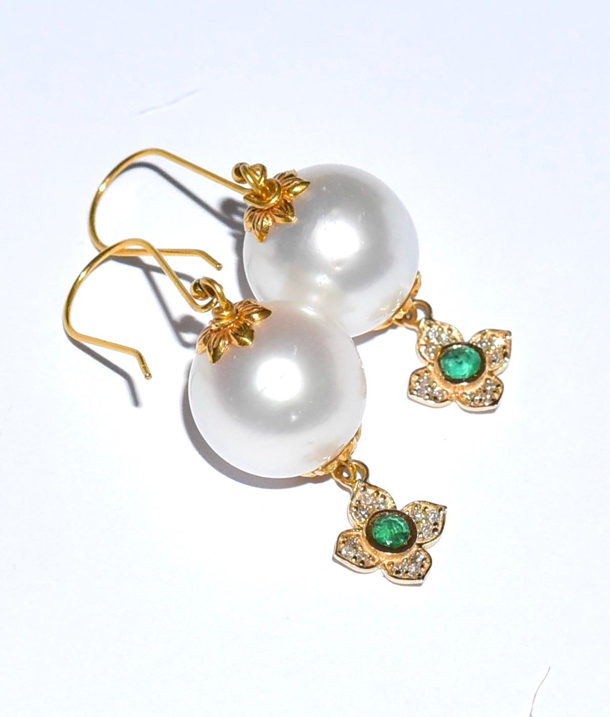 Artisan White South Sea Pearl, Emerald, Diamonds Earrings in 14/18 Solid Yellow Gold For Sale