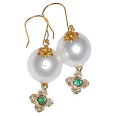 White South Sea Pearl, Emerald, Diamonds Earrings in 14/18 Solid Yellow Gold