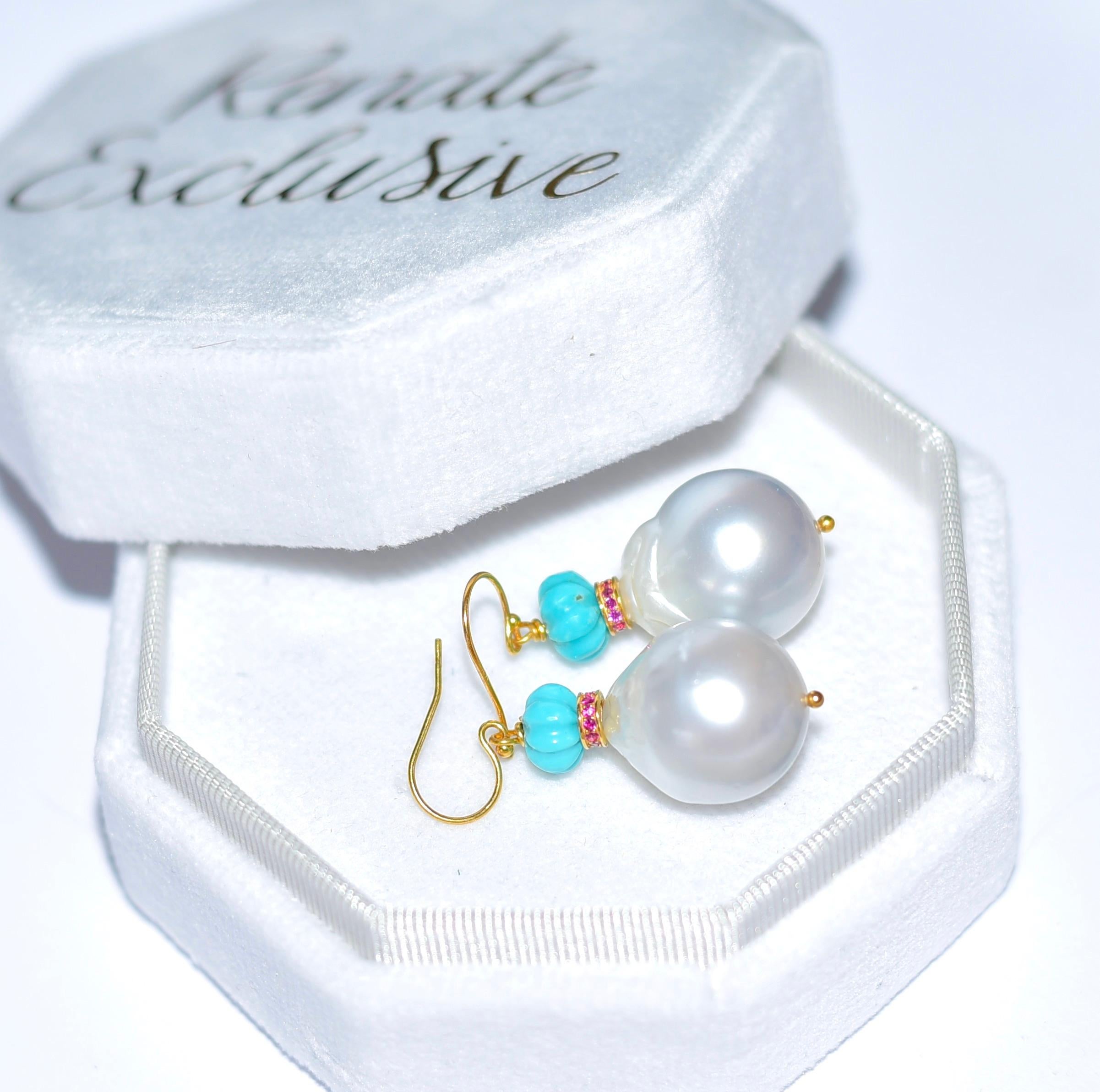 Artisan White South Sea Pearl, Eternity Ruby Bead, Turquoise in 18K Solid Yellow Gold