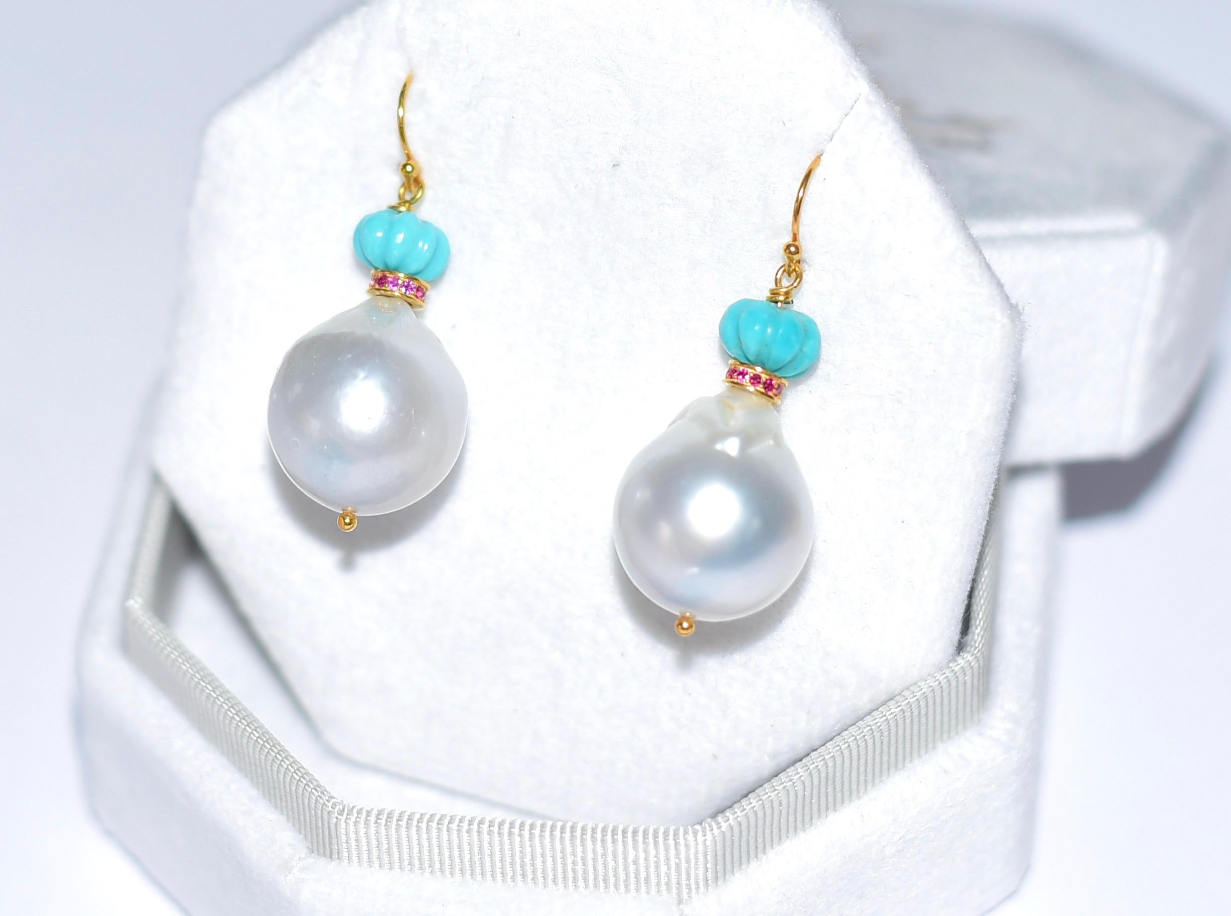 Women's White South Sea Pearl, Eternity Ruby Bead, Turquoise in 18K Solid Yellow Gold