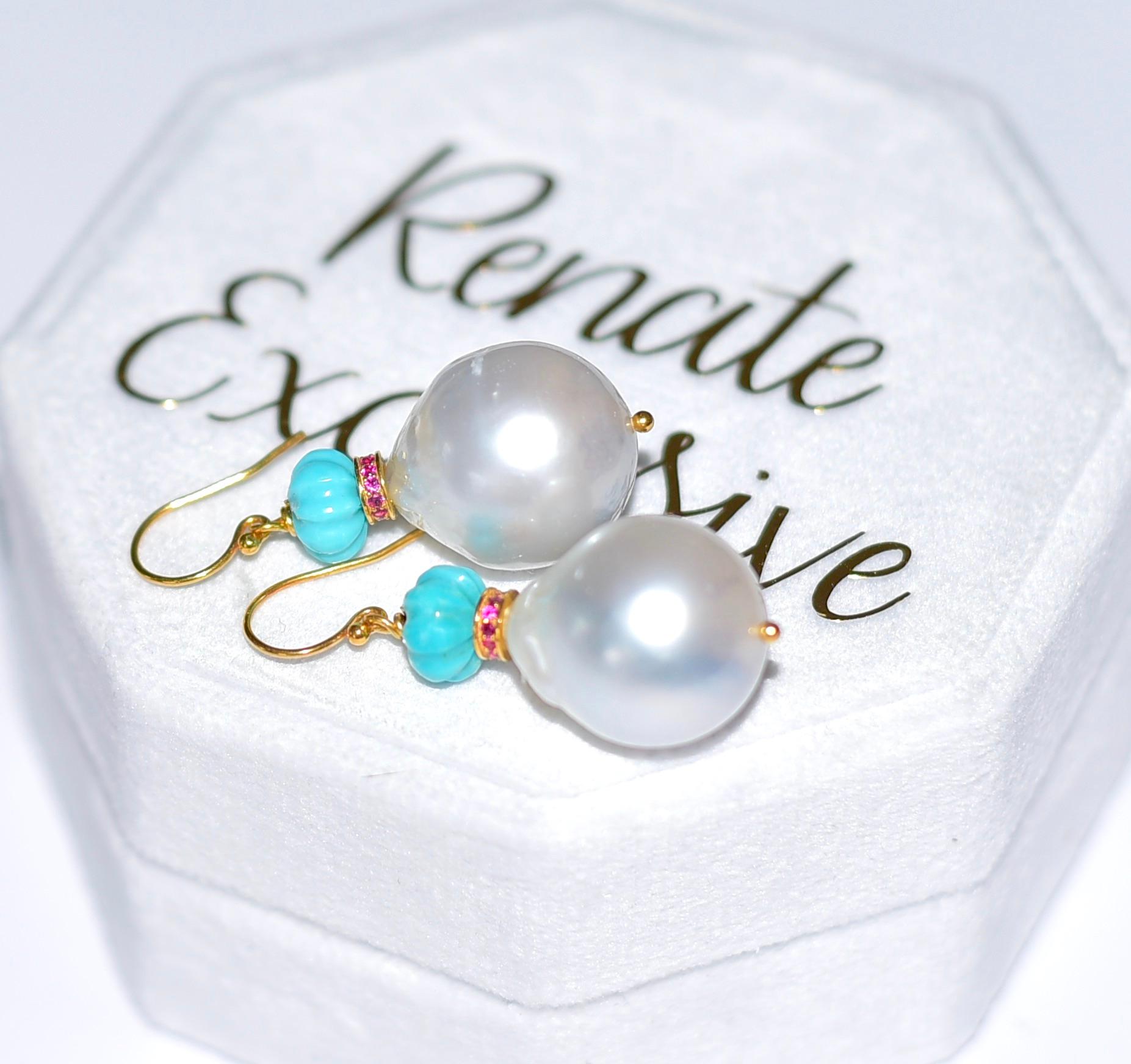 White South Sea Pearl, Eternity Ruby Bead, Turquoise in 18K Solid Yellow Gold 2