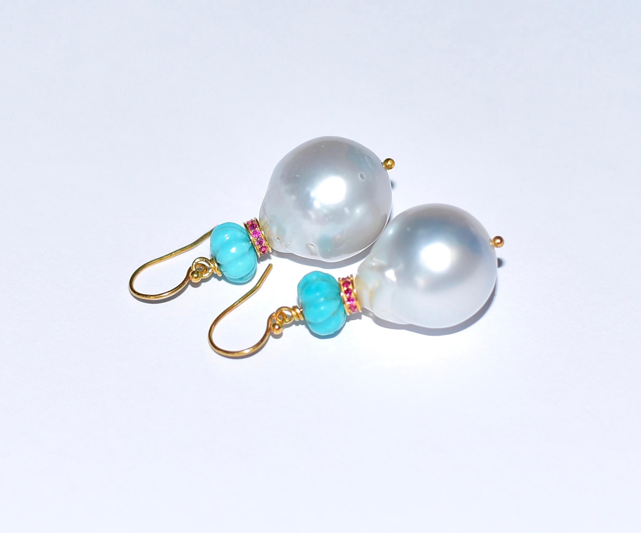 White South Sea Pearl, Eternity Ruby Bead, Turquoise in 18K Solid Yellow Gold 3