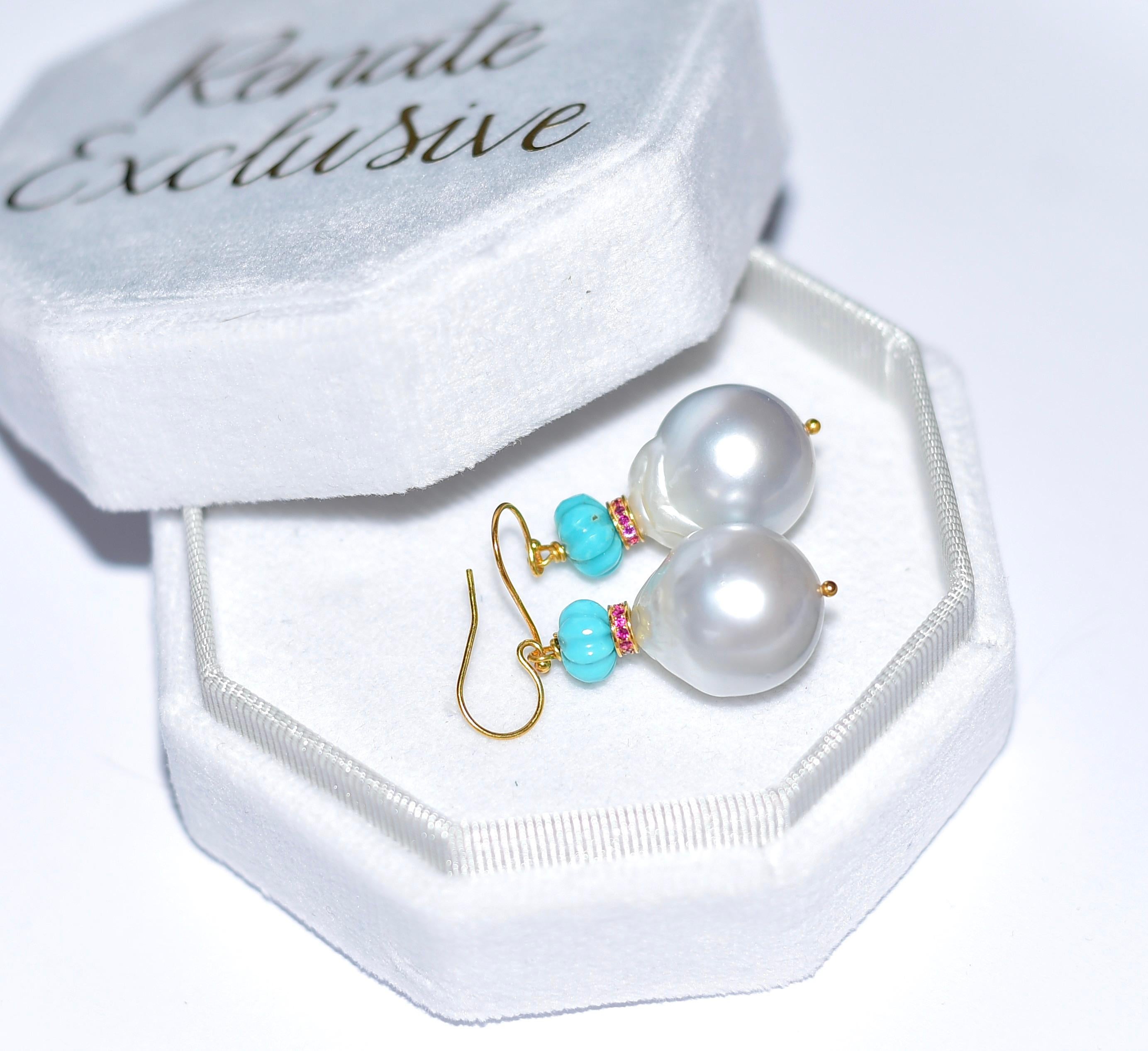 White South Sea Pearl, Eternity Ruby Bead, Turquoise in 18K Solid Yellow Gold 4