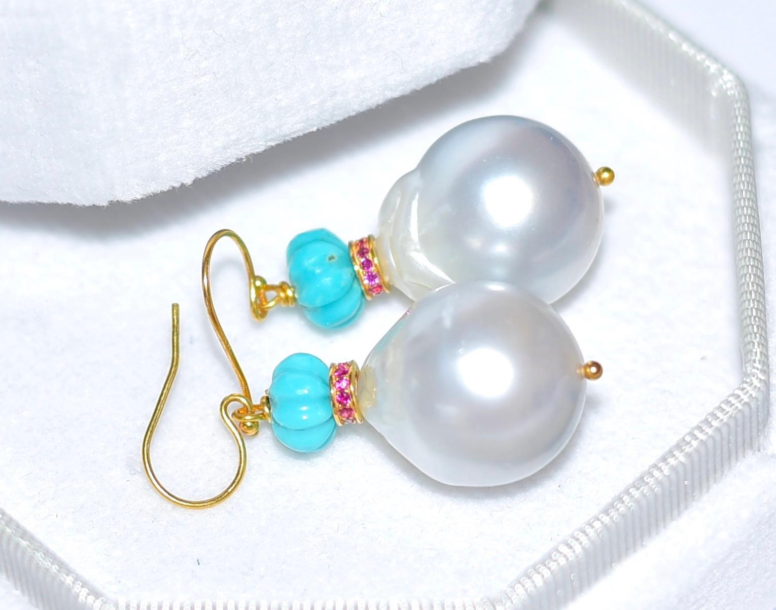 White South Sea Pearl, Eternity Ruby Bead, Turquoise in 18K Solid Yellow Gold 5