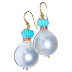 White South Sea Pearl, Eternity Ruby Bead, Turquoise in 18K Solid Yellow Gold
