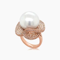 White South Sea Pearl Fancy Diamond & Brown Diamond Floral 18K Rose Gold Ring
