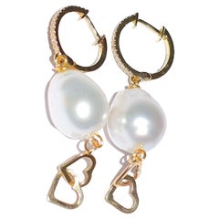 White South Sea Pearl, Love Charm in 14K Solid Yellow Gold, Diamonds