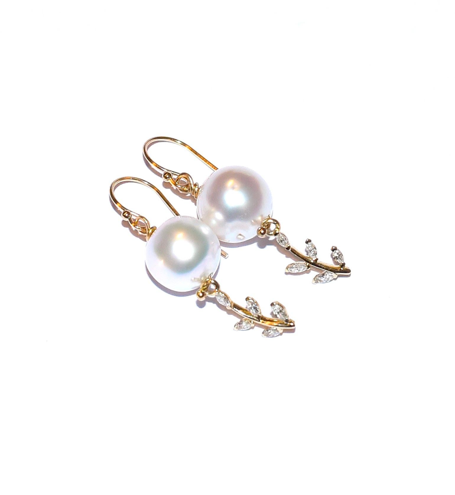 Marquise Cut White South Sea Pearl, Marquise Diamond Leaf Branch in 14K Solid Yellow Gold