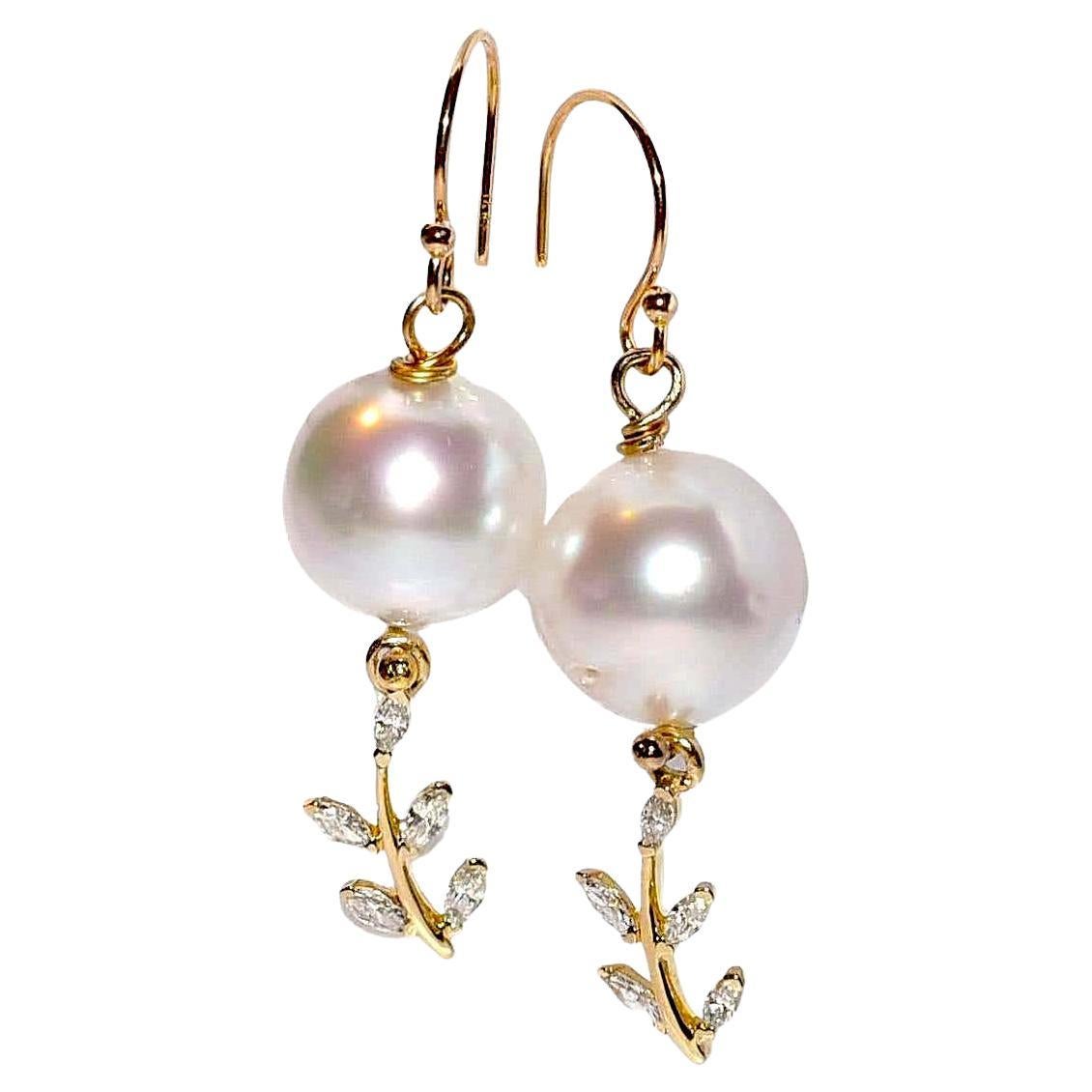Mother of Pearl Carved Leaf and FW Pearl Earrings 14kt Gold Filled 