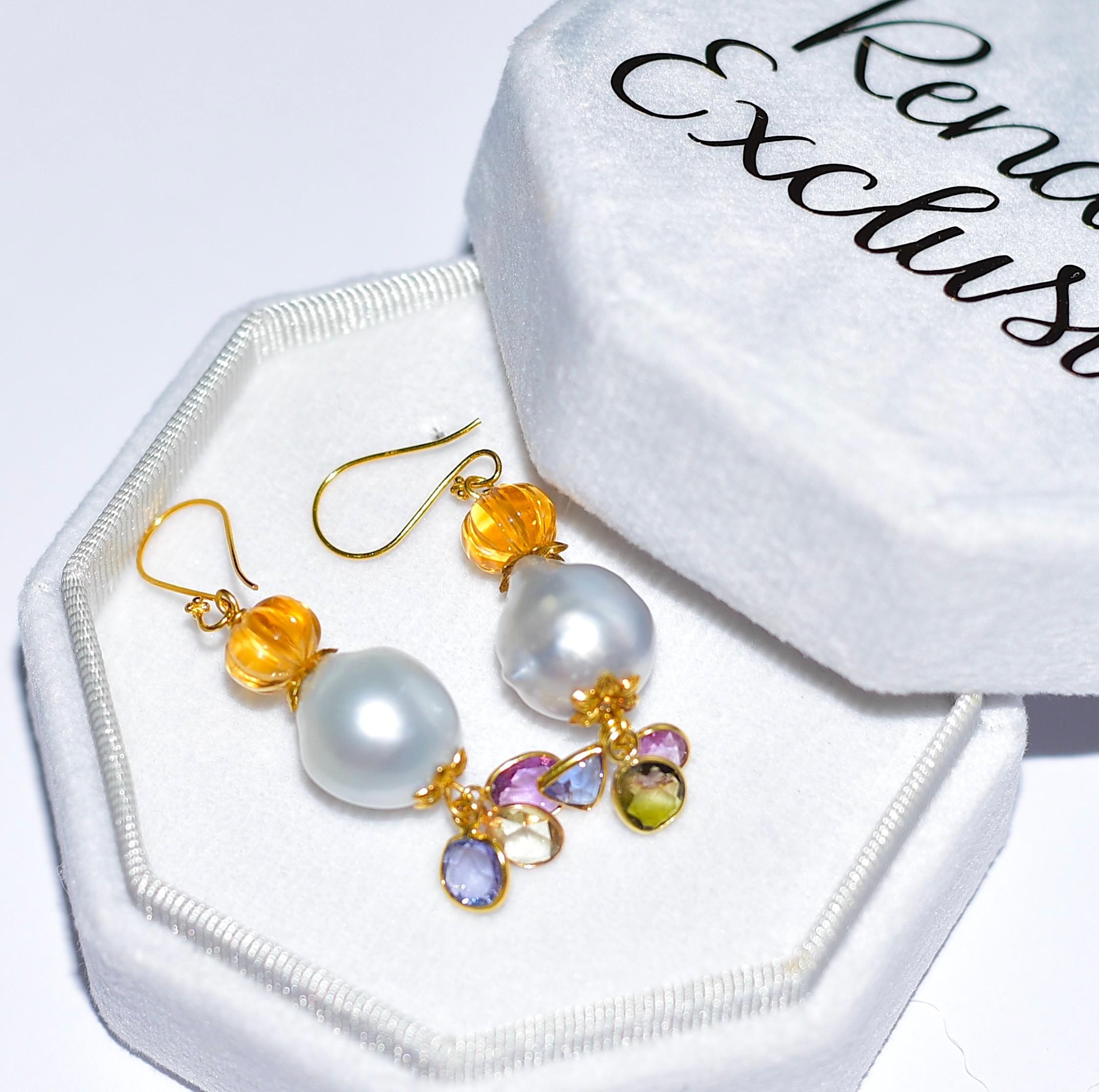 Artisan White South Sea Baroque Pearl, Multi-Color Sapphire Earrings in 18K Solid Gold For Sale