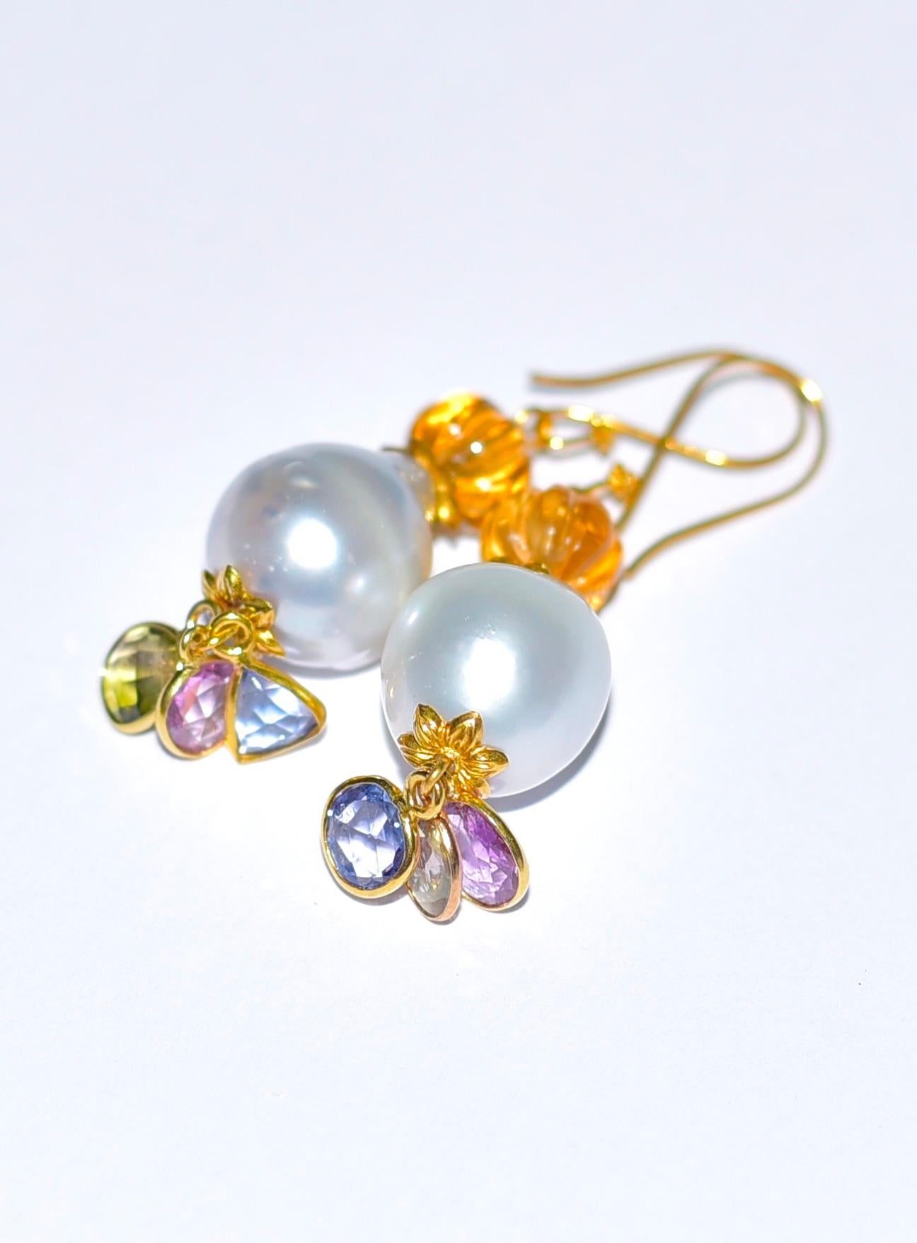 Bead White South Sea Baroque Pearl, Multi-Color Sapphire Earrings in 18K Solid Gold For Sale