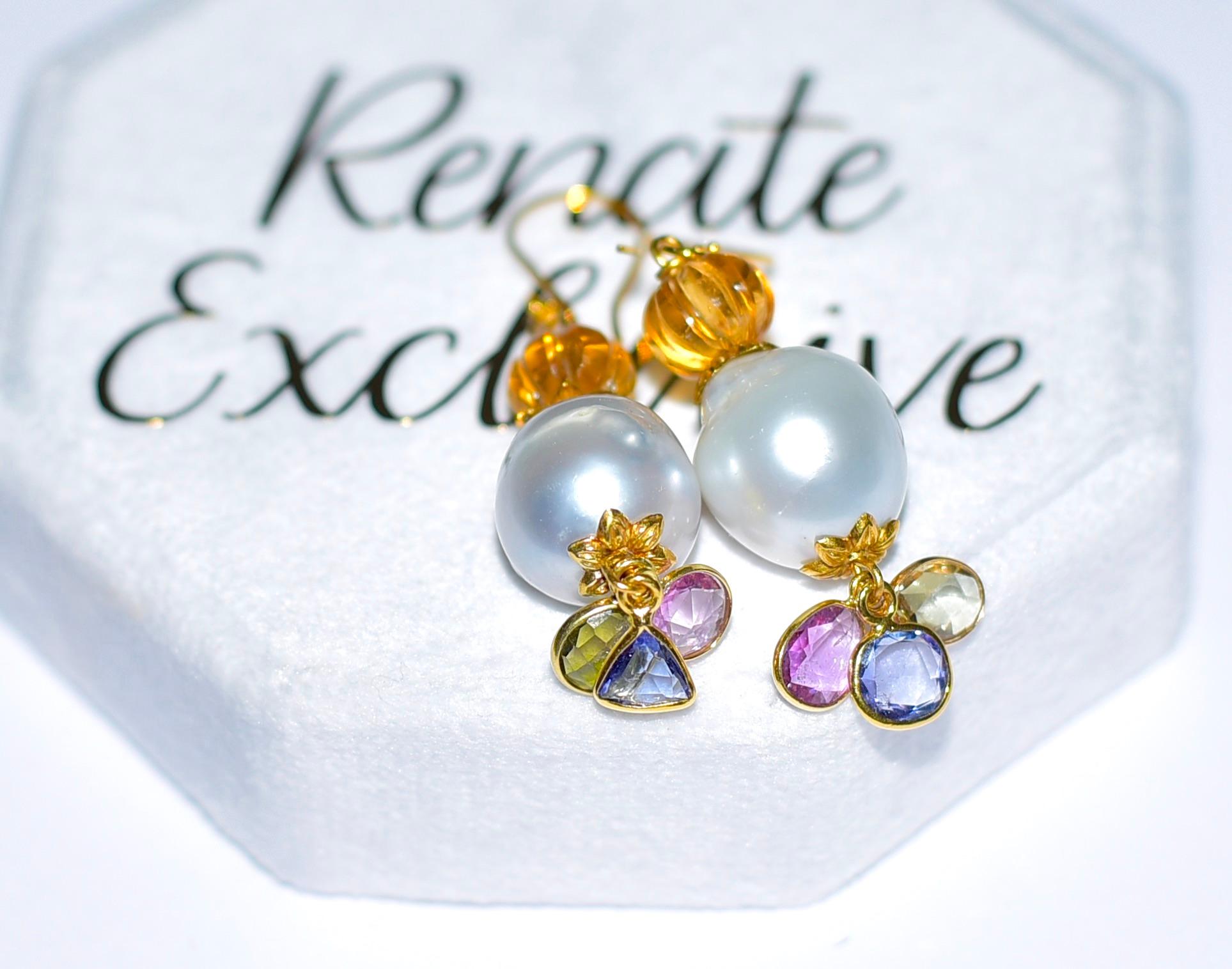 White South Sea Baroque Pearl, Multi-Color Sapphire Earrings in 18K Solid Gold In New Condition For Sale In Astoria, NY
