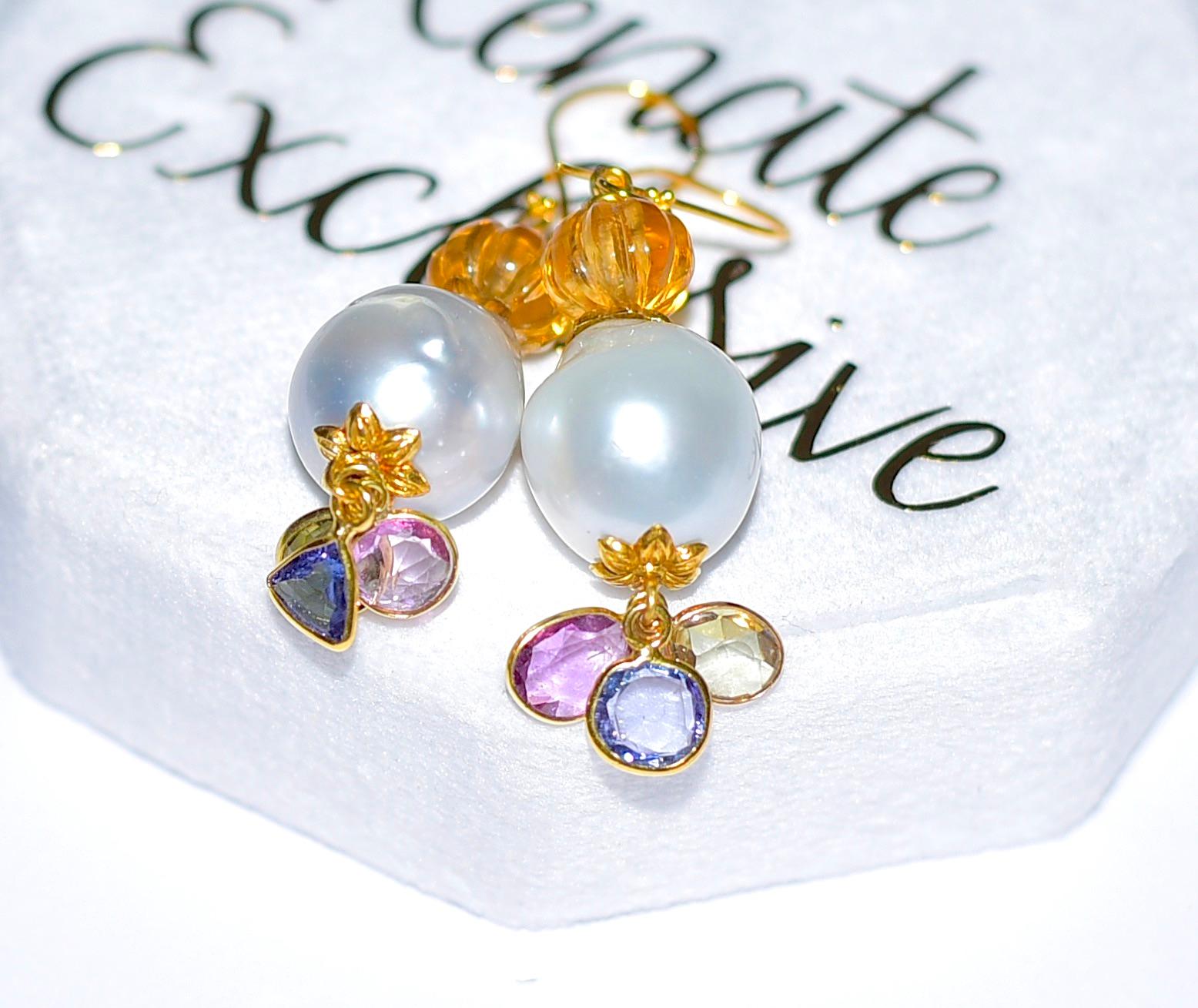 Women's White South Sea Baroque Pearl, Multi-Color Sapphire Earrings in 18K Solid Gold For Sale