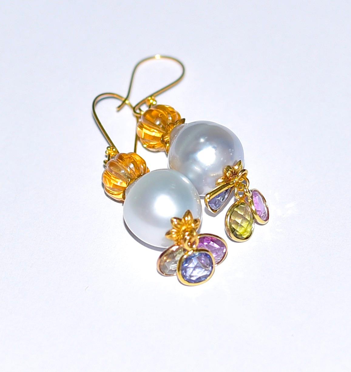 White South Sea Baroque Pearl, Multi-Color Sapphire Earrings in 18K Solid Gold For Sale 3