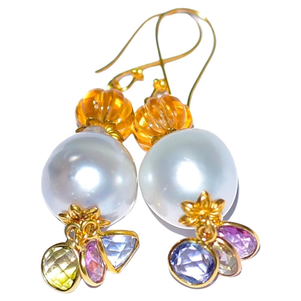 White South Sea Baroque Pearl, Multi-Color Sapphire Earrings in 18K Solid Gold For Sale