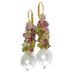 White South Sea Pearl, Multi-Color Tourmaline Earrings in 14K Gold