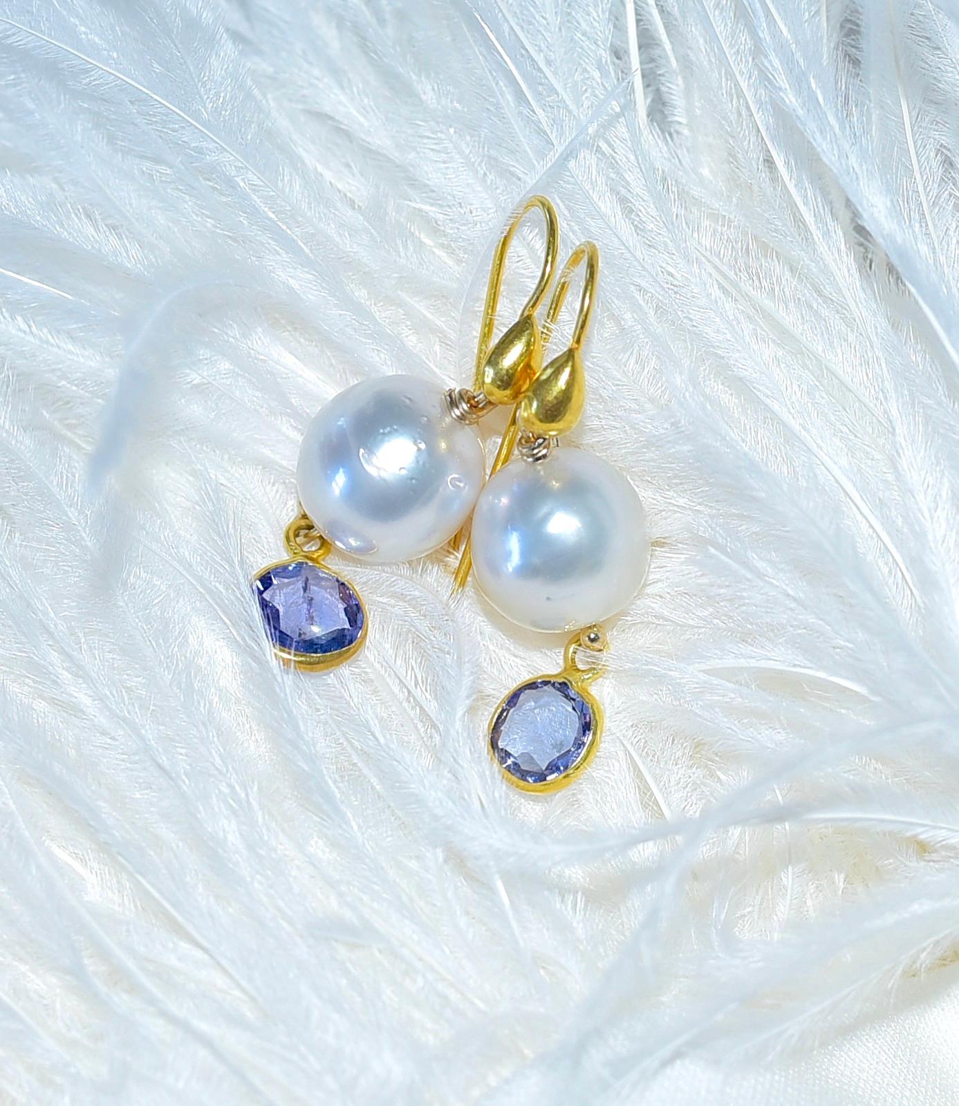 Artisan White South Sea Pearl, Natural Blue Sapphire in 18K Solid Yellow Gold
