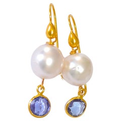 White South Sea Pearl, Natural Blue Sapphire in 18K Solid Yellow Gold
